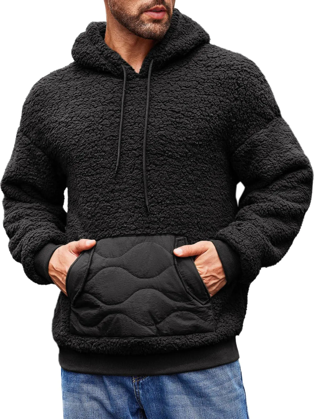 Runcati Mens Fuzzy Sherpa Hoodie Sweatshirts Pullover Long Sleeve Cozy Kangaroo Pocket Winter Fall Outwear Black