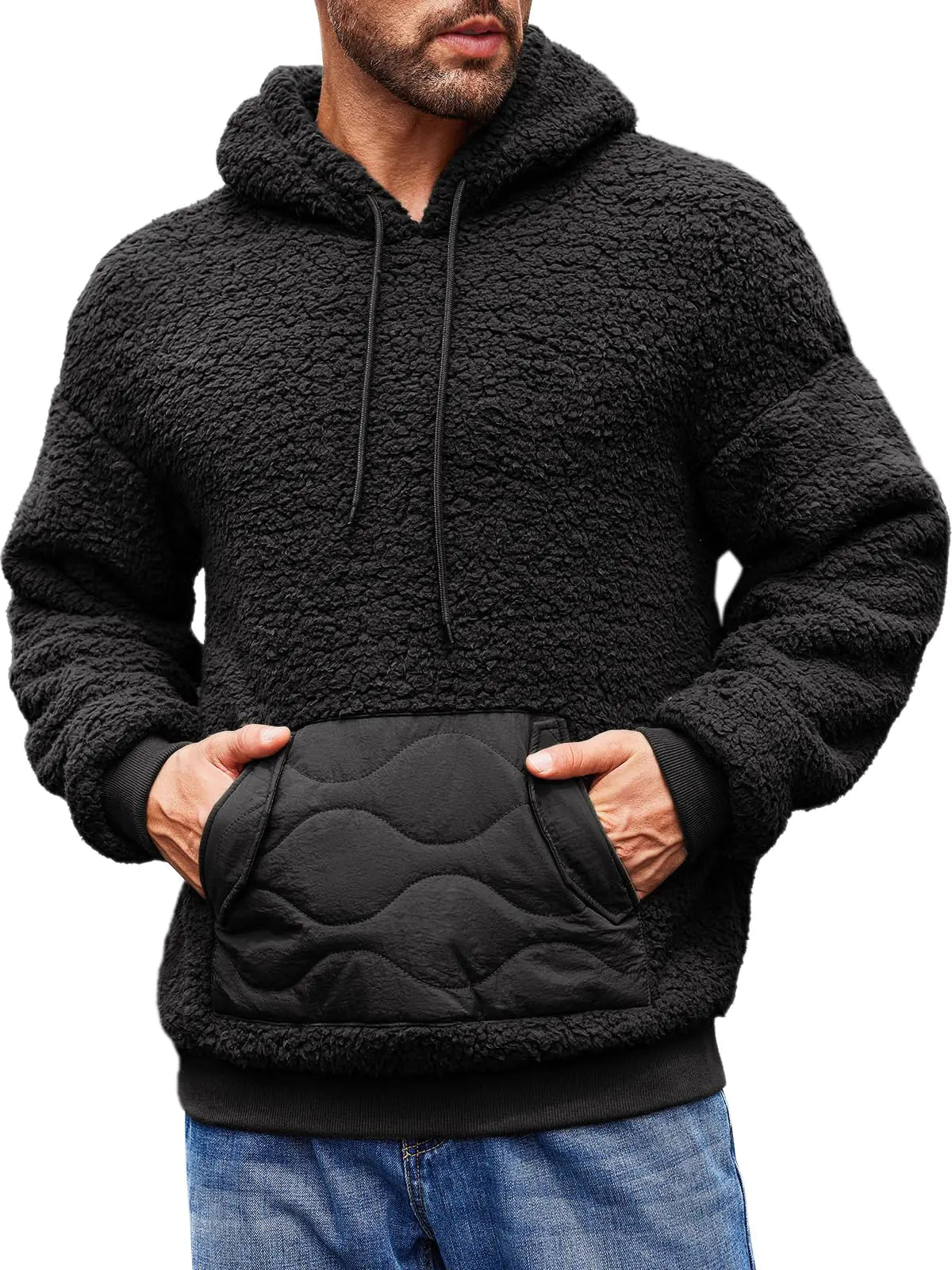 Runcati Mens Fuzzy Sherpa Hoodie Sweatshirts Pullover Long Sleeve Cozy Kangaroo Pocket Winter Fall Outwear Black