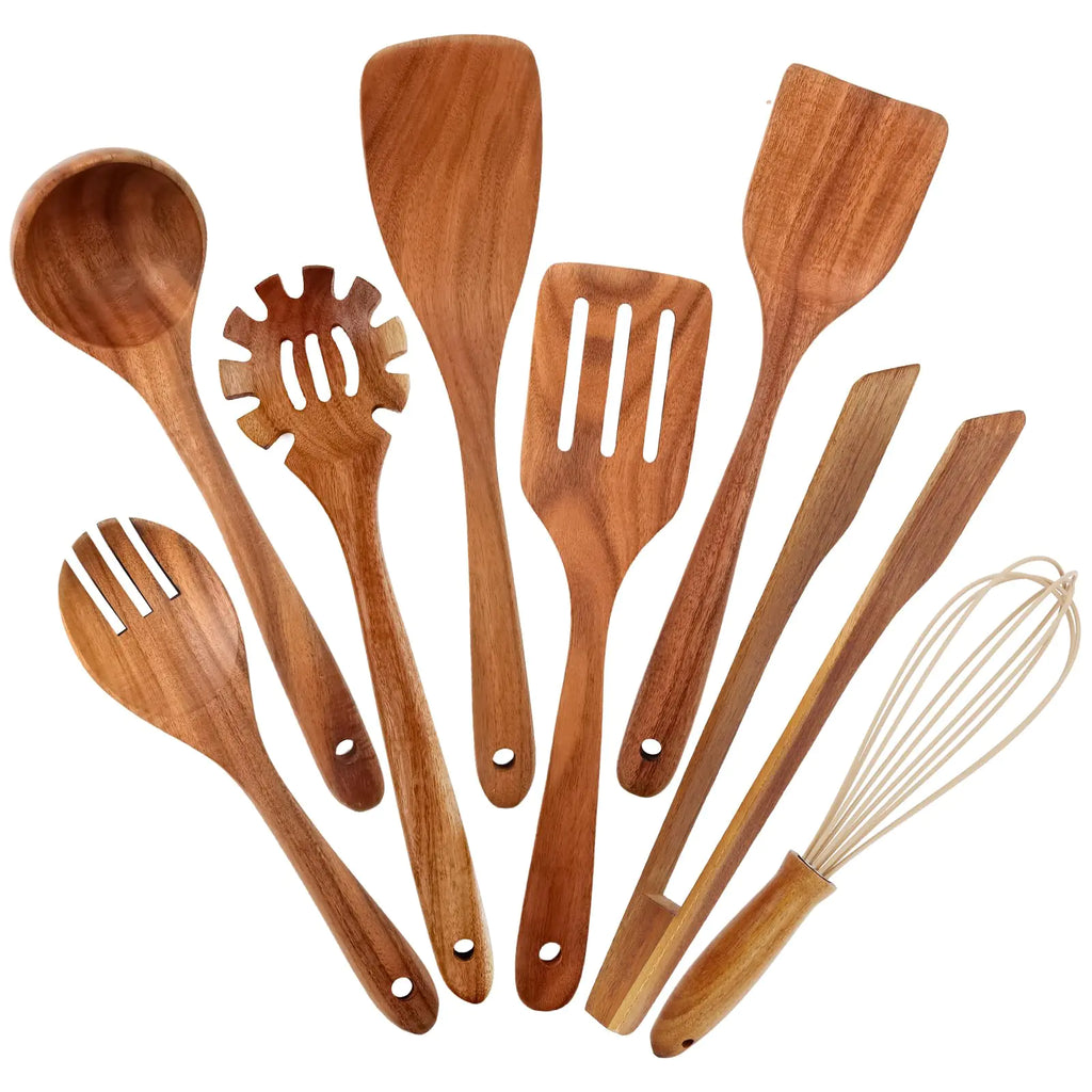 8 Piece Wooden Spoons for Cooking Wooden Cooking Utensils Wooden Utensil Set Made of Natural Teak Wood Material