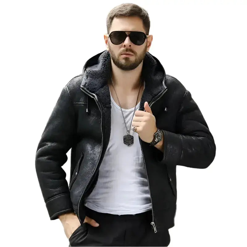 Men’s Hooded Black Shearling Winter Jacket