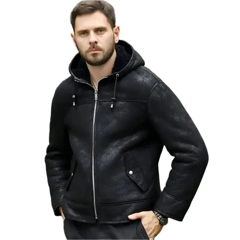 Men’s Hooded Black B3 Shearling Winter Jacket