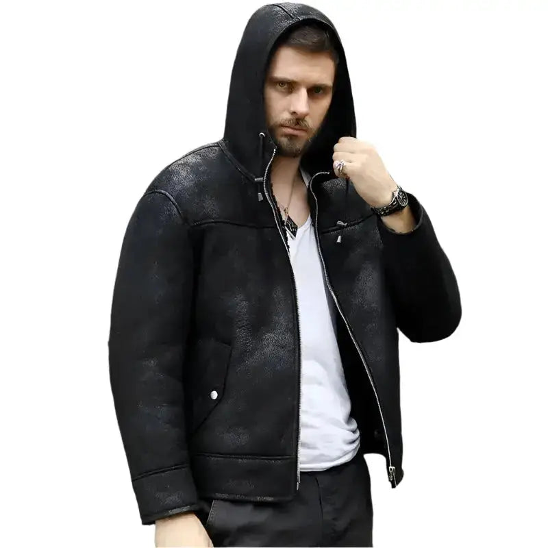Men’s Hooded Black B3 Shearling Winter Jacket