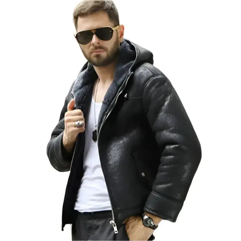 Men’s Hooded Black Shearling Winter Jacket