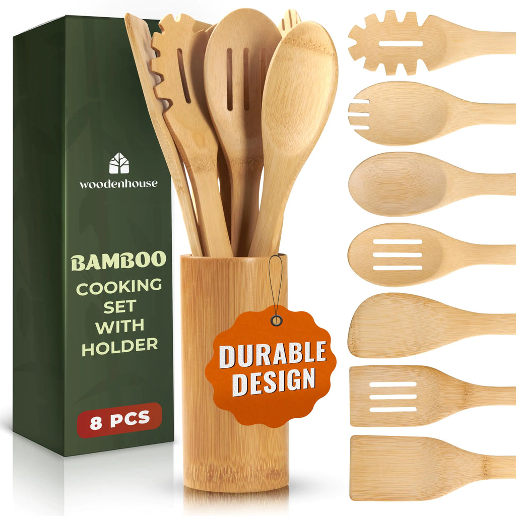 Bamboo Wooden Spoons for Cooking 7 PCs with Holder – Wooden Cooking Utensils + Holder for Nonstick – Wooden Utensil Set – Easy to Clean Sturdy Lightweight & Heat Resistant