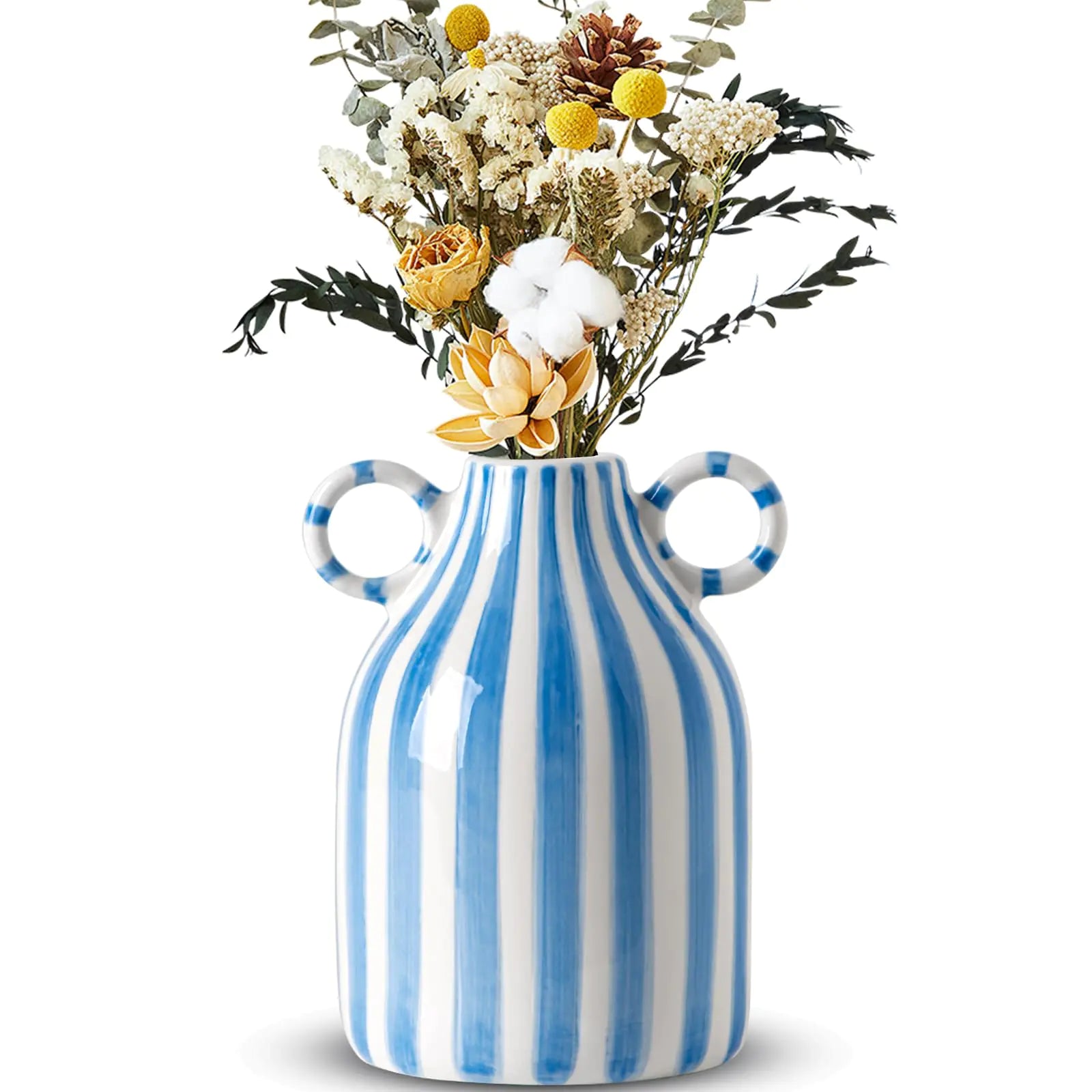 Blue and White Ceramic Vase Mid Century Modern Striped Small Vases for Flower&pampas Grass Centerpiece Blue White Checkered Vase for Dining Table Kitchen Tabletop Minimalist Decorative